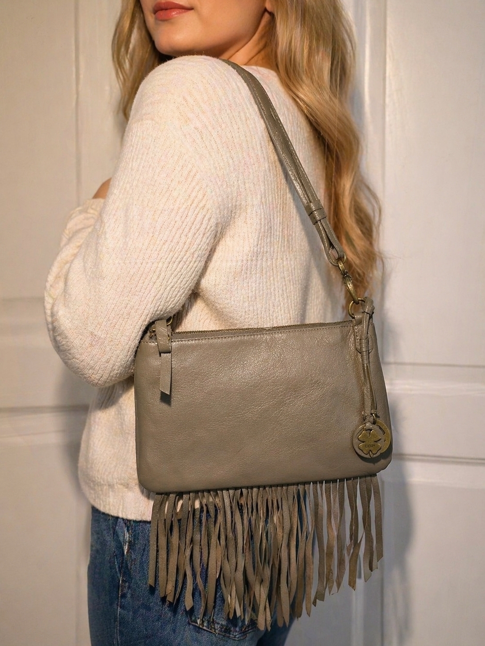 LUCKY BRAND Bailey Leather BOHO Fringe Crossbody Bag Smoke Taupe Gray Adj. Strap
